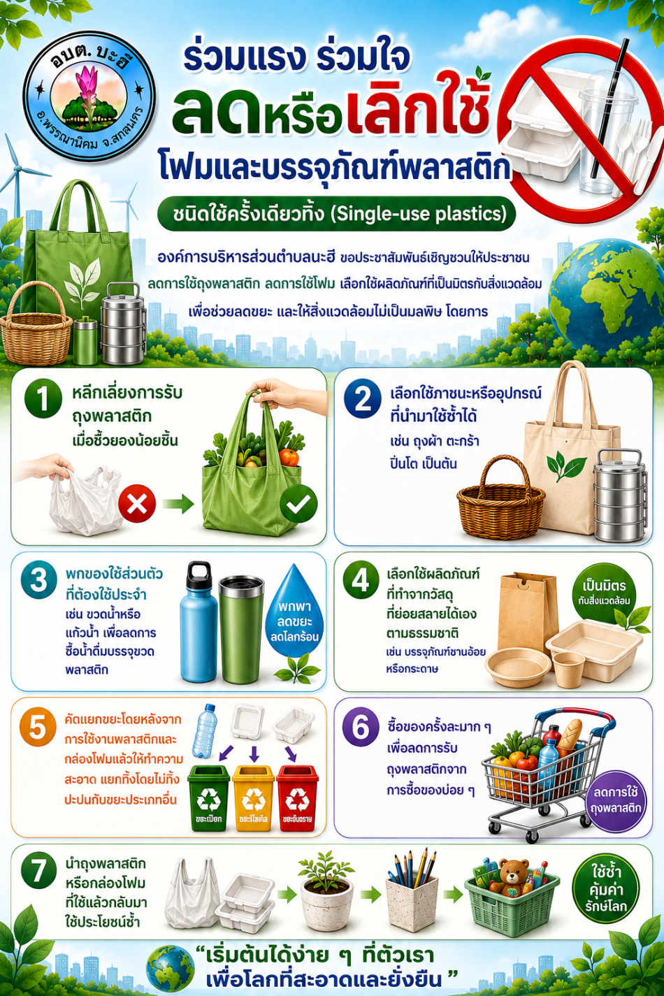 ประชาสัมพันธ์ รณรงค์การลดหรือเลิกใช้โฟมและบรรจุภัณฑ์พลาสติก ชนิดใช้ครั้งเดียวทิ้ง (Single-use plastics)